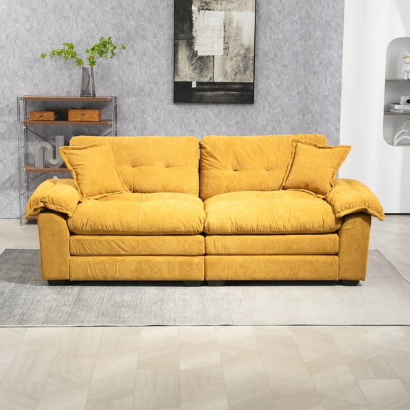 84" Chenille Sofa Loveseat Couch in Yellow - Deep Seat, Memory Foam & Pocket Spring Cushions, 2 Pillows, Durable Wood Frame, Perfect for Living Rooms & Apartments