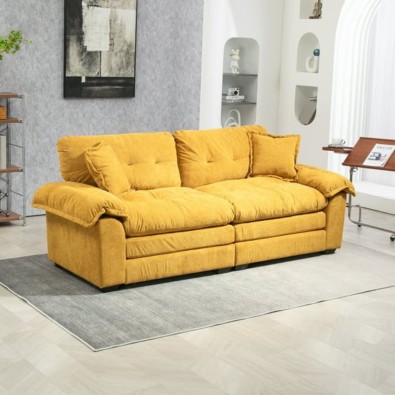 84" Chenille Sofa Small Sofa Loveseat Deep Seat Sofa Couch with 2 Throw Pillows & Memory Foam for Living Room Apartment Office Lounge-Yellow