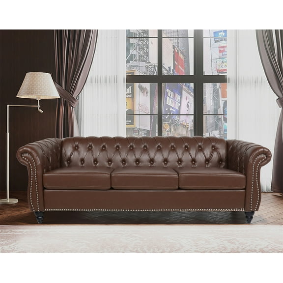 84" Chesterfield Sofa, Modern PU Leather Upholstered 3-Seater Sofa with Rolled Arms and Nailhead Decoration Oversized Accent Sofa Couch with Padded Cushions and Solid Wood Legs for Living Room, Brown