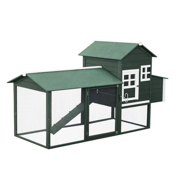 84" Chicken Coop Wooden Hen House with Run, Nesting Box, Green Asphalt Roof, Removable Tray, Poultry Cage for 2-3 Chickens