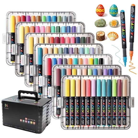 84 Colors Acrylic Paint Markers Brush Tip, Automatic Ink Control Acrylic Paint Pens Waterproof Acrylic Markers with Direct-Liquid Ink Control for Holiday Decorations Stone Wood Glass DIY & Art Sup
