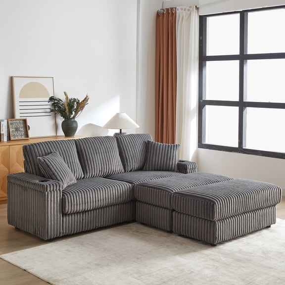 84" Corduroy 3-Seater Deep Seat Sofa 3 Back/2 Toss Pillows 2 Ottomans 2 Storage Cup-Holding Grooves Comfy Living Room Couch