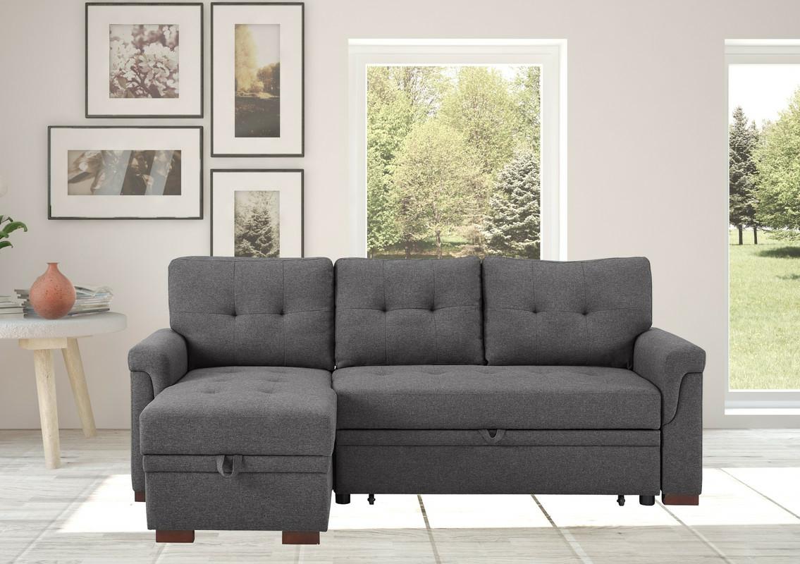 84" Deep - Seated Dark Gray Linen Reversible Sleeper Sectional Sofa ...