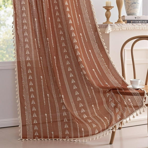 84" Farmhouse Curtains - Rust Orange Floral Linen Blend Light Filtering Drapes with Tassel Trim (Set of 2, 50" Wide Panels)