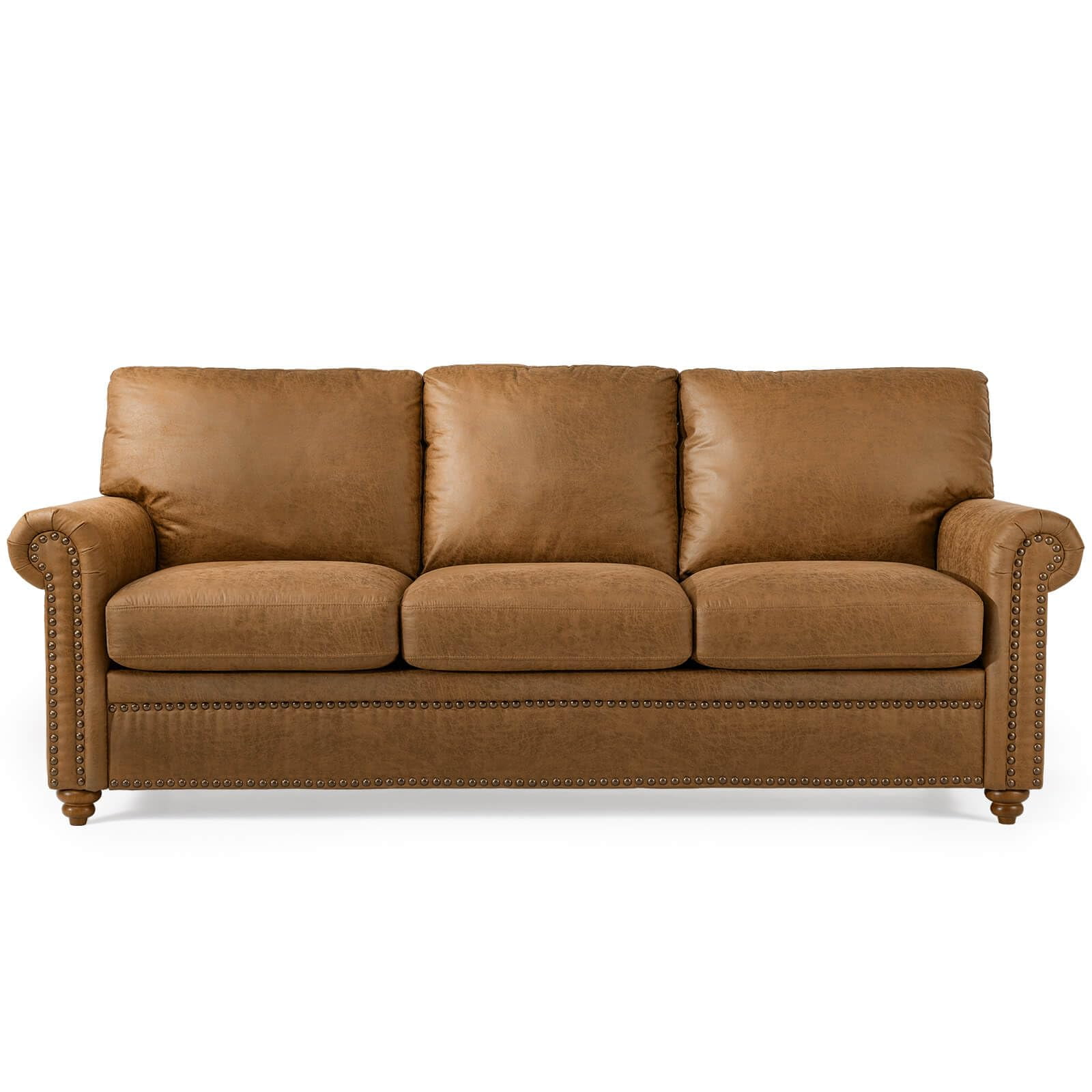 MARNUR 84" Faux Leather Couch 3-Seater Faux Leather Sofa with Brass Nailhead Trim, Gourd Feet, Mid-Century Modern, Brown