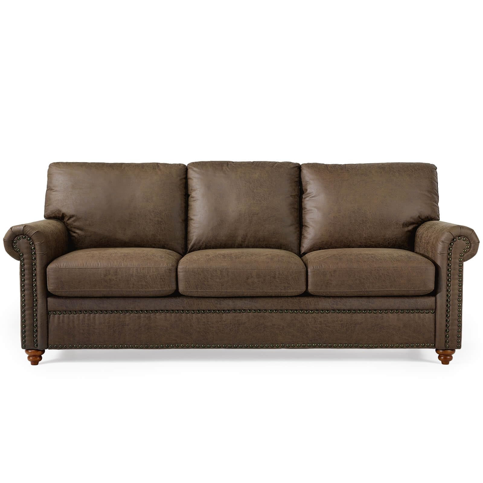 MARNUR 84" Faux Leather Couch 3-Seater Faux Leather Sofa with Brass Nailhead Trim, Gourd Feet, Mid-Century Modern, Dark Brown