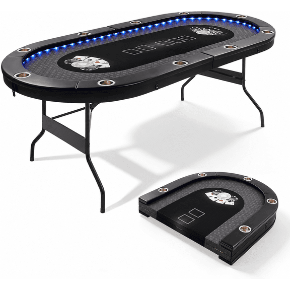 84" Foldable Poker Table for 10 Players, Texas Holdem Blackjack Table with Inlaid LED Lights, 2 USB & 2 Type-C Ports, Cup Holders & Padded Rails, Black