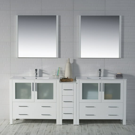 84" Freestanding Bathroom Vanity with Side Cabinet& Ceramic Sink - Glossy White