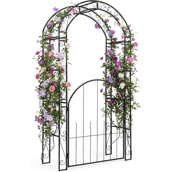 84'' Garden Arbor with Gate, Heavy-Duty Metal Arch Trellis for Climbing Plants Vines Roses, Wedding Archway for Ceremony, Pathway & Outdoor Decoration, Patio Pergola for Backyard Lawn