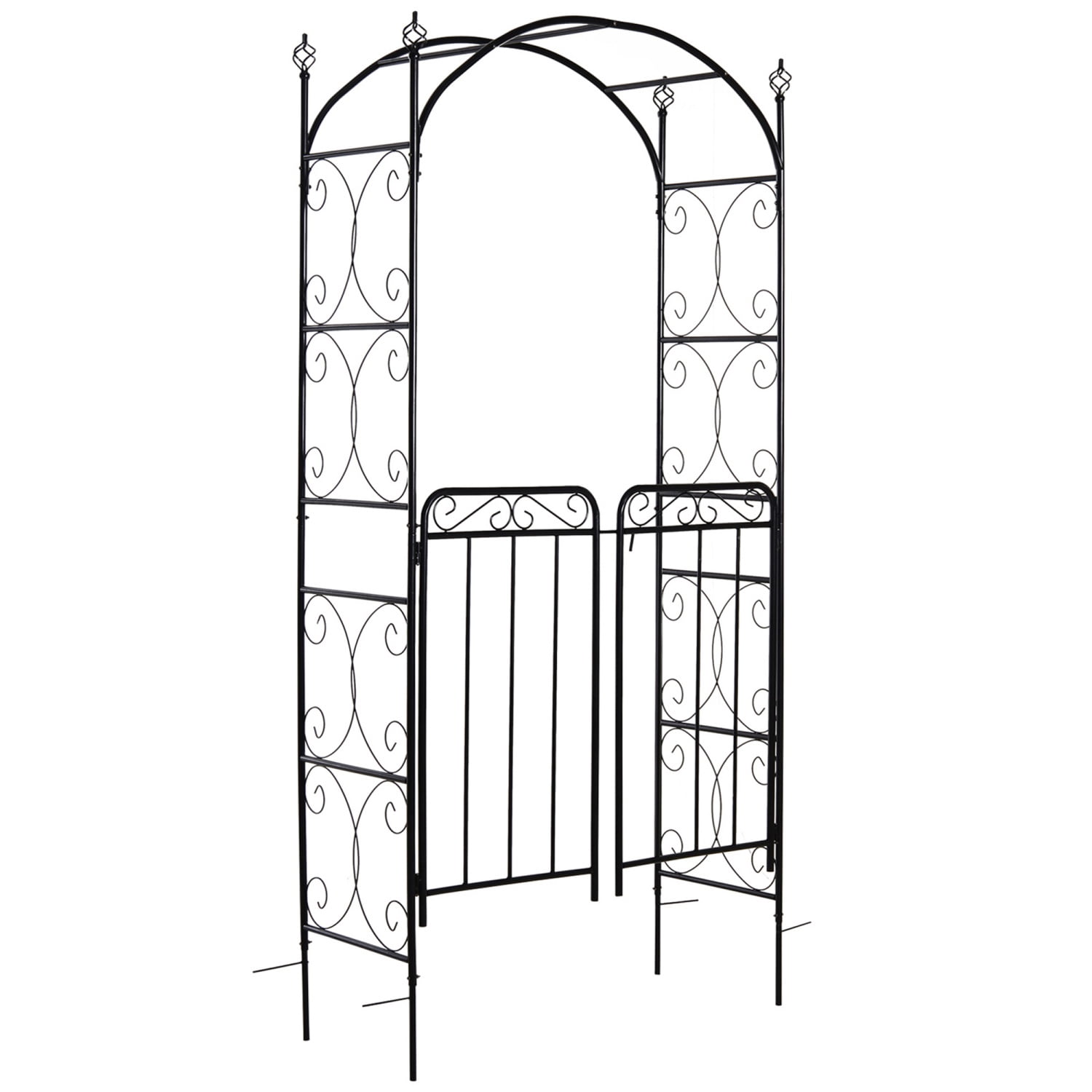84" Garden Arch Arbor with Gate, Metal Arch Trellis, Garden Archway for Climbing Vines, Wedding Ceremony Decoration, Flourishes & Arrow Tips, Black