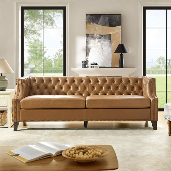84" Genuine Leather Sofa 3-Seater Chesterfield Couch with Nailhead Trims for Living Room Apartment Camel