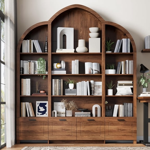 84" H Arched Triple Wide Bookshelf, 15 Cubby Storage, Curved Top, Flip-Down Cabinets, 5 Tier Wood Book Shelves for Office, Living Room