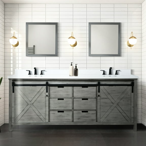 84 In. Ash Grey Bath Vanity With Cultured Marble Countertop And Faucet - Six Drawers, Soft Close, Solid Structure Double Included Faucet, Spacious Drawers