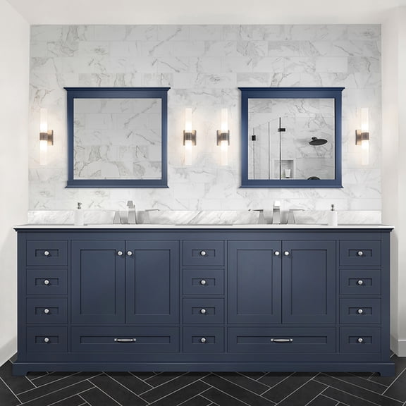 84 In. Navy Blue Bath Vanity With 34 H Mirrors - 2 Cabinets, 14 Drawers & Open Shelf Fully Assembled Wood Material X 22 Double Main