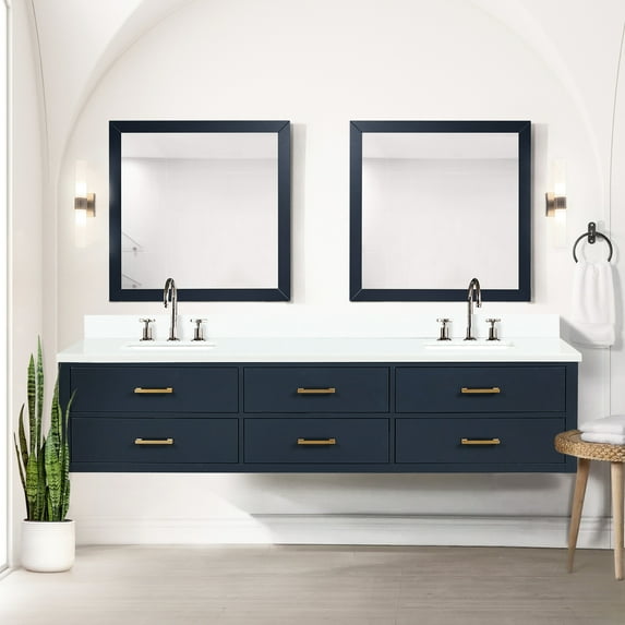 84 In. W Blue Double Bath Vanity With Quartz Top & Mirrors - , Solid Wood, 22 Deep Cabinet And 36 Plywood, Soft Close