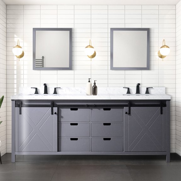 84 In. W Dark Grey Bath Vanity. Marble Countertop. Solid Wood Construction. Soft Close Mechanism. Two Cabinets, Six Drawers And Open Shelf For Space. Scratch Stain . 8 Faucet Pre-drilled Vanity With
