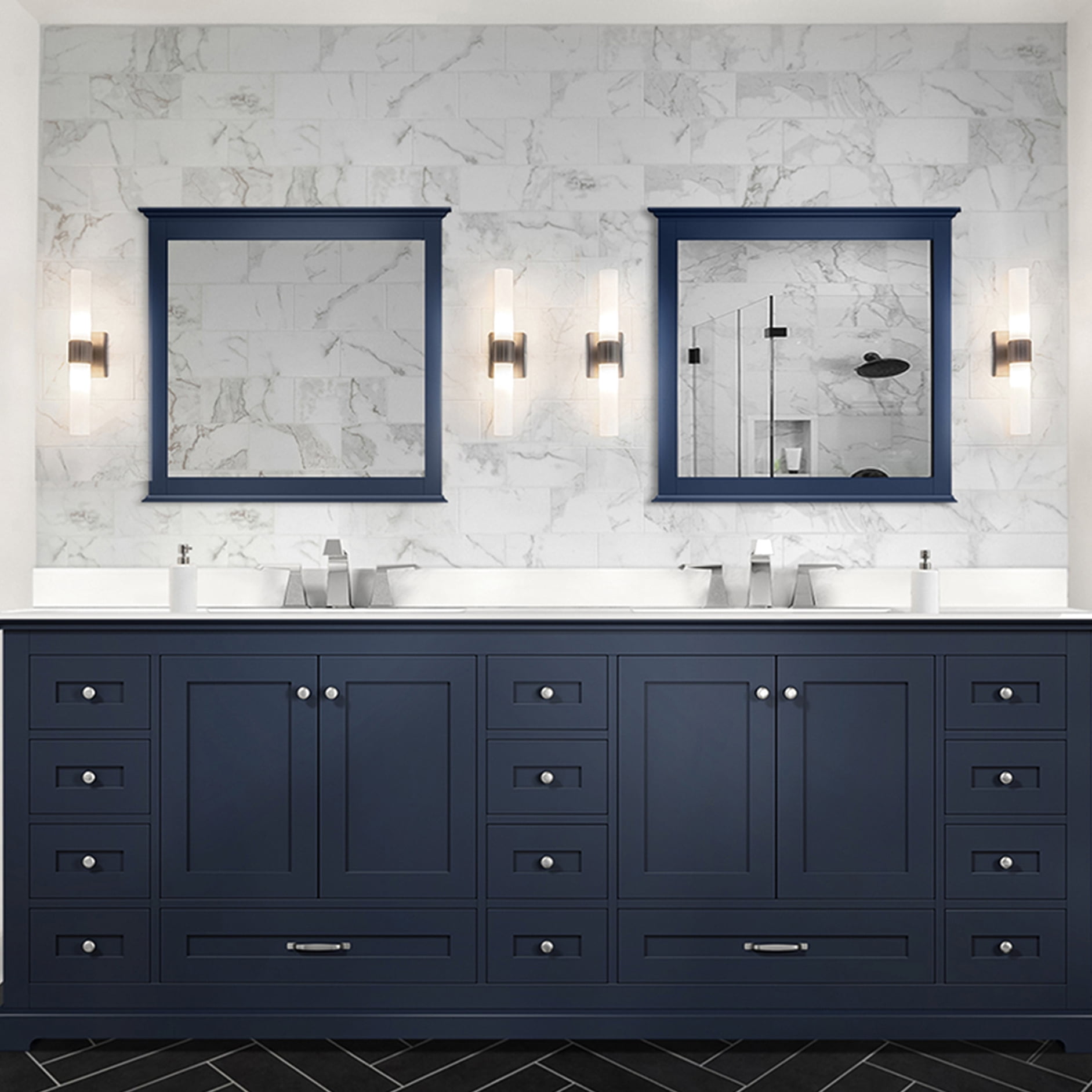 84 In. W Navy Blue Bath Vanity With Marble Top And 34 Mirrors - Soft ...