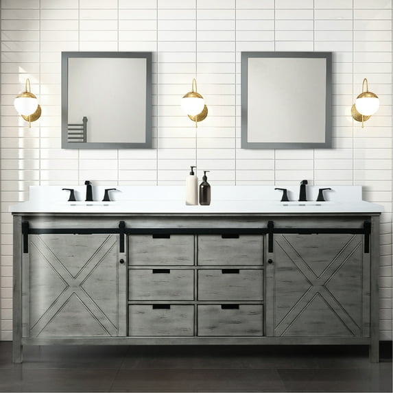 84 In. W X 22 D Ash Grey Double Bath Vanity With White Quartz Countertop - Solid Wood Frame, Soft Close Operation, Scratch And Stain Countertop, Copious Storage Two Inner Cabinets, Six Drawers Open