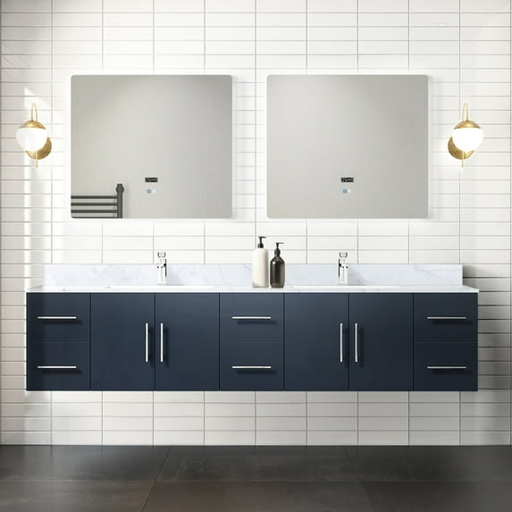 84 In. Wide Navy Blue Double Bath Vanity With Marble Top And Faucet - Soft Close, Large Compartment Storage Countertop Space, Surface