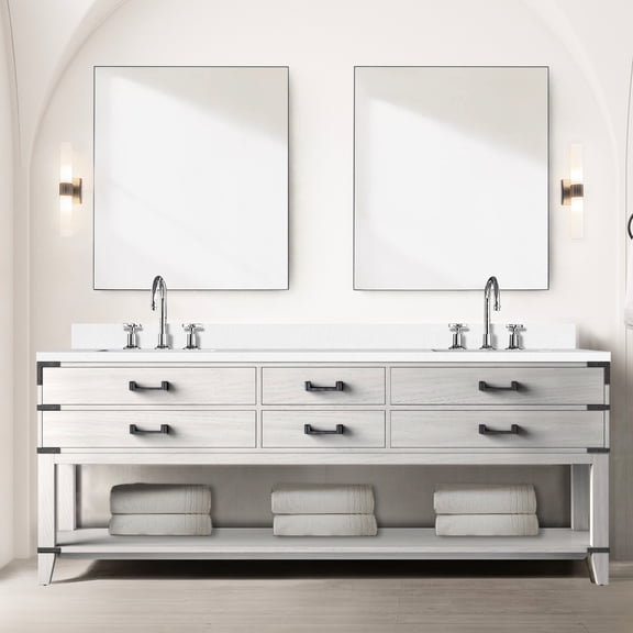 84 In. X 22 White Oak Double Bath Vanity - Quartz Top, Faucet, Soft Close Bucket Polished Drawers