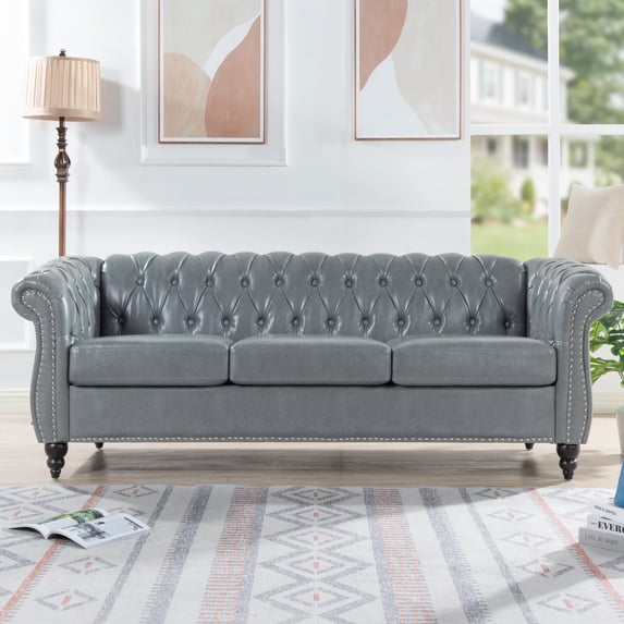 84 Inch 3-Seater Sofa, PU Upholstered Living Room Sofa with Button Tufted Backrest and Nailhead Trim Armrest, Modern Long Sofa Couch with Inclined Legs and 660 lbs Weight Capacity, Gray