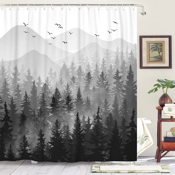 84 Inch Black and White Misty Forest Shower Curtain Set Grey Gray Ombre Waterproof Fabric Shower Curtains Nature Tree Mountain Woodland Decorative Bathroom Bath Curtain (Black, 72'''' × 84'''')