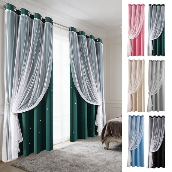 84 Inch Blackout Curtains with Sheer Star Lace Overlay, Thermal Insulated Double Layer Curtain Panel for Bedroom and Living Room
