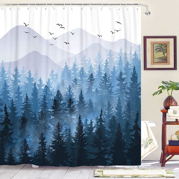 84 Inch Blue Misty Forest Shower Curtain Set Ombre Navy Blue White Waterproof Fabric Shower Curtains Nature Tree Mountain Woodland Decorative Bathroom Bath Curtain Decor (Blue, 72 × 84)