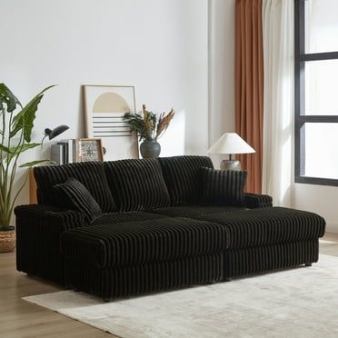 84 Inch Corduroy 3-Seater Sofa, Modern Sofa Couch with Ottoman, Comfy Deep Seat Couch with 2 Pillows and Cup-Holding Grooves for Living Room, Apartment