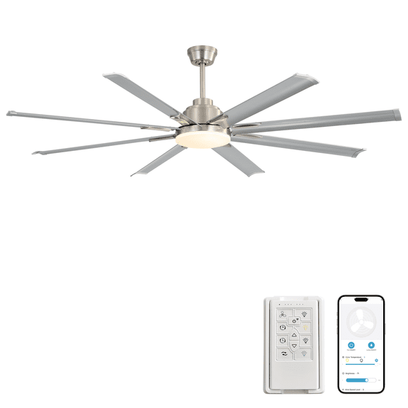 84-Inch DC Motor Ceiling Fan with Dimmable Light - 8 Silver Aluminum Blades, Voice/Remote Control, Quiet Operation for Large Rooms