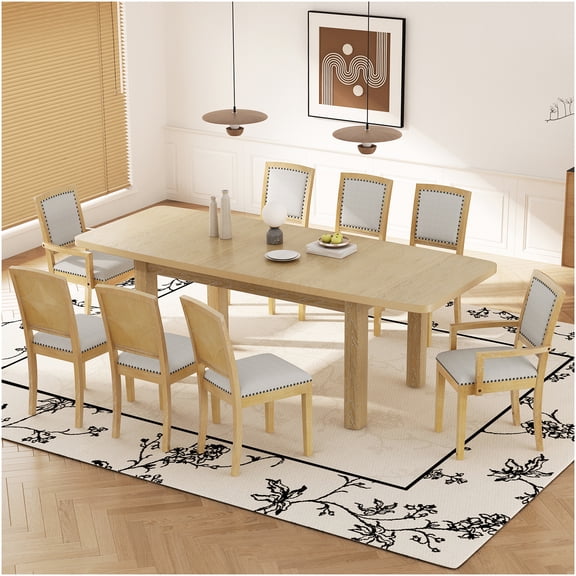 84 Inch Expandable Farmhouse Dining Table Set with 8 Chairs, Removable Leaf, Natural Wood Finish and Gray Upholstered Seating
