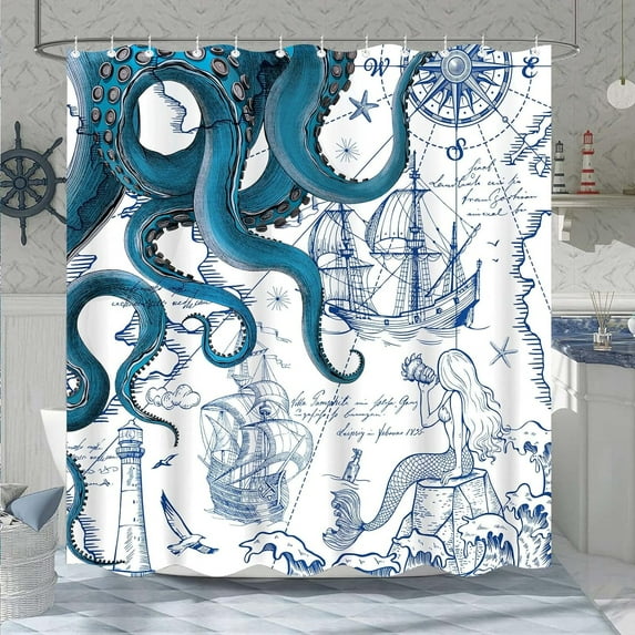 84 Inch Extra Long Blue Nautical Octopus Shower Curtain Navy Mermaid Funny Ocean Kraken Shower Curtains for Bathroom Cool Anchor Coastal Map Waterproof Fabric Bath Curtain 72x 84