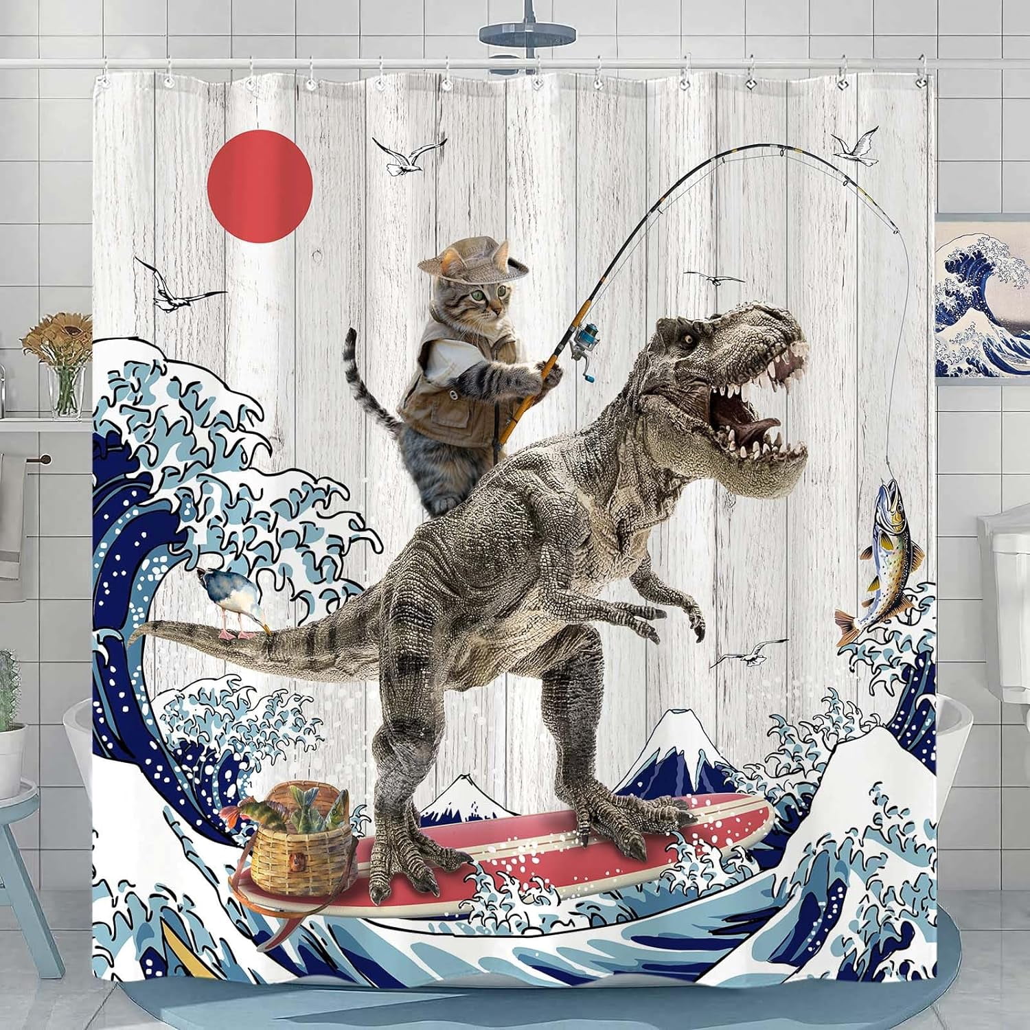 84 Inch Extra Long Funny Cat Dinosaur Shower Curtain Fun Kitten Fishing
