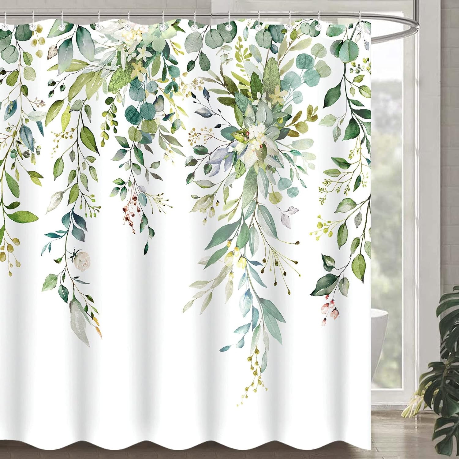 84 Inch Extra Long Green Eucalyptus Shower Curtain Watercolor Floral Plant Leaf Shower Curtains for Bathroom Botanical Flower Waterproof Fabric Bath Curtain with Hooks (Green, 72'''' x 84'''')