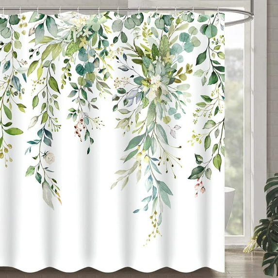84 Inch Extra Long Green Eucalyptus Shower Curtain Watercolor Floral Plant Leaf Shower Curtains for Bathroom Botanical Flower Waterproof Fabric Bath Curtain with Hooks (Green, 72'''' x 84'''')