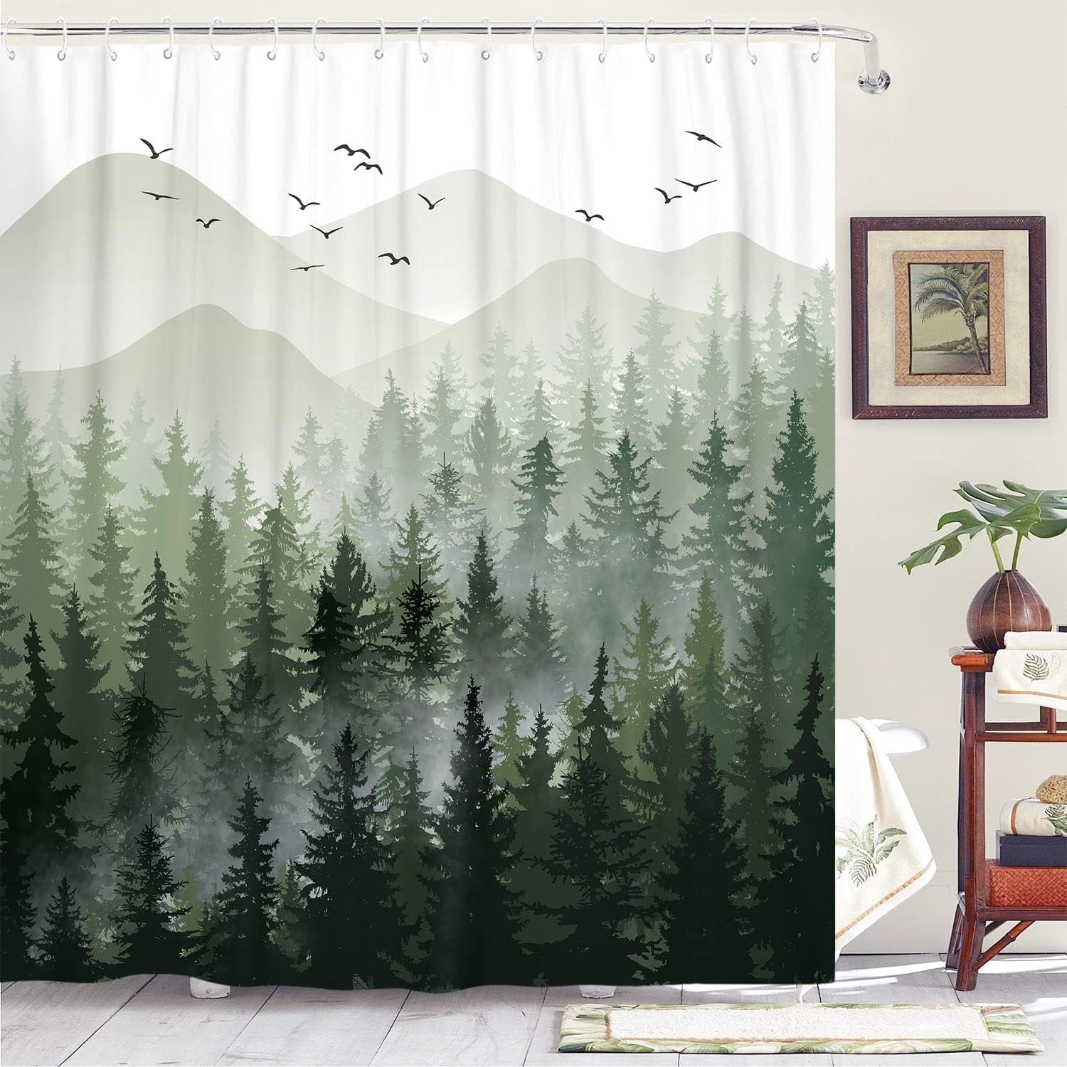 84 Inch Extra Long Green Misty Forest Shower Curtain Ombre Sage Green Mountain Pine Tree Waterproof Fabric Shower Curtains for Bathroom Nature Woodland Decorative Modern Bath Curtain Decor
