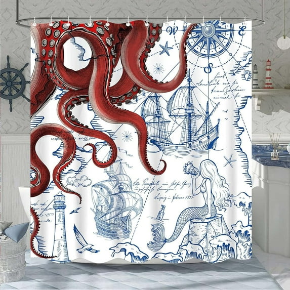 84 Inch Extra Long Red Nautical Octopus Shower Curtain Navy Blue Mermaid Funny Ocean Kraken Shower Curtains for Bathroom Anchor Coastal Map Waterproof Fabric Bath Curtain 72 x 84