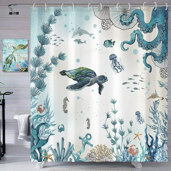 84 Inch Extra Long Sea Turtle Octopus Shower Curtain Blue Teal Waterproof Fabric Bathroom Shower Curtains Fish Ocean Animal Seashell Jellyfish Bath Curtain with Hooks (72'''' × 84'''', Teal)