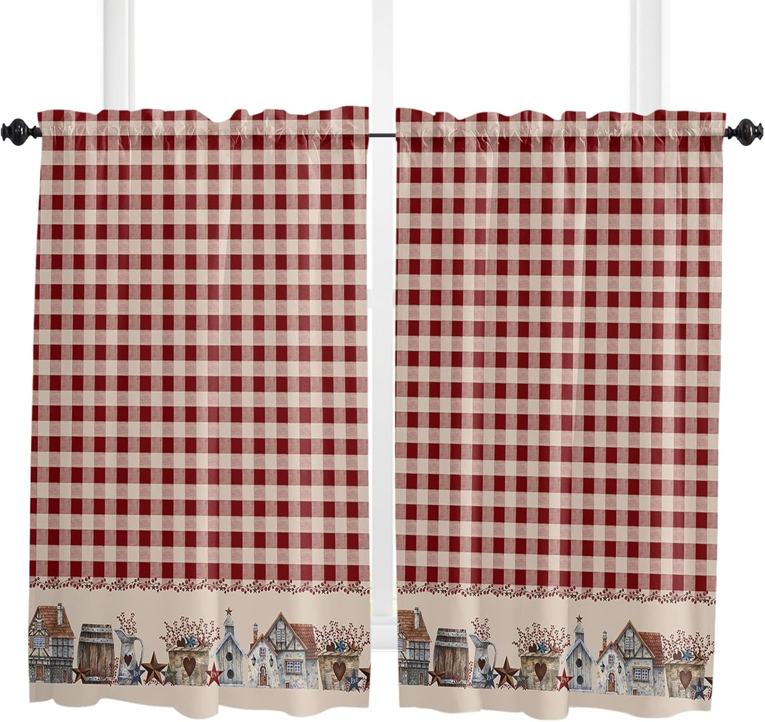 84 Inch Long Tier Curtains for Kitchen, American Country Star Retro Red ...