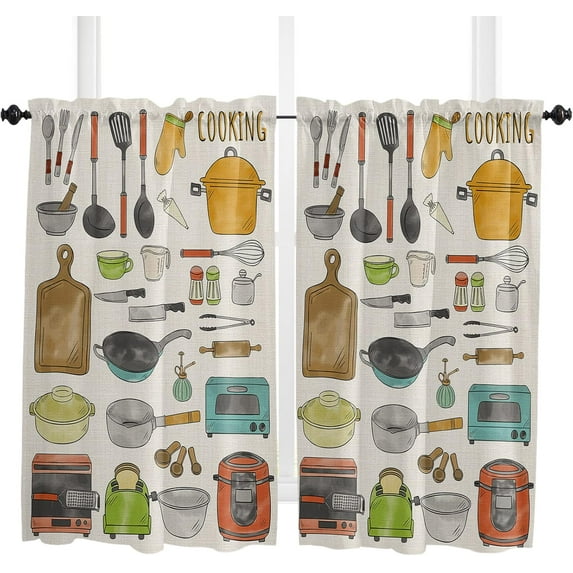 84 Inch Long Tier Curtains for Kitchen, Cartoon Kitchen Utensils Pots and Pans Bathroom Window Curtains Rod Pocket Short Curtains Window Treatment Tiers for Living Room Farmhouse 2 Panels