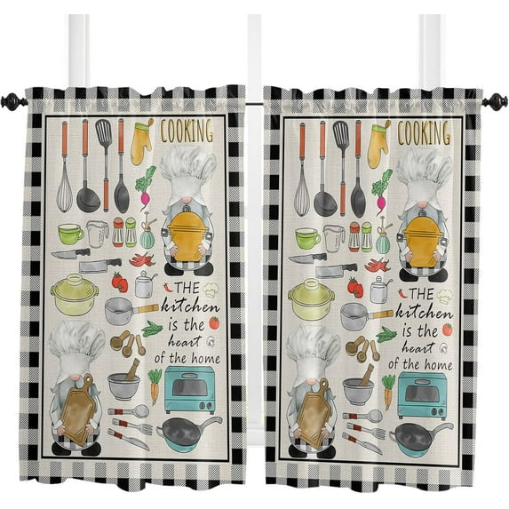 84 Inch Long Tier Curtains for Kitchen, Cooking Utensils Pots and Pans Gnome Black and White Buffalo Plaid Rod Pocket Short Curtains Window Treatment Tiers for Living Room Bathroom 2 Panels