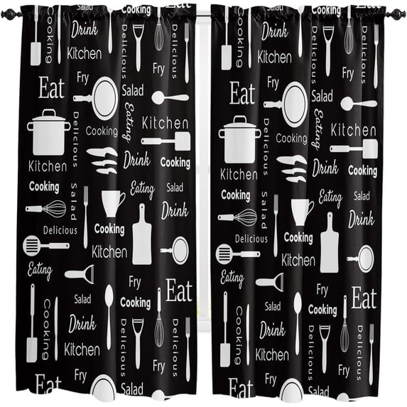 84 Inch Long Tier Curtains for Kitchen, Kitchen Cooking Tools Elements Black White Bathroom Window Curtains Rod Pocket Short Curtains Window Treatment Tiers for Living Room Farmhouse 2 Panels