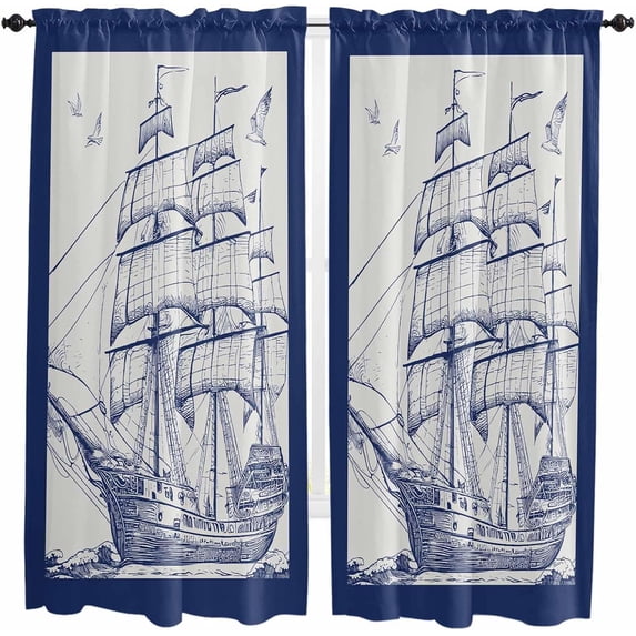 84 Inch Long Tier Curtains for Kitchen, Nautical Blue Retro Ocean Sailboat Seagull Bathroom Window Curtains Rod Pocket Short Curtains Window Treatment Tiers for Living Room Farmhouse 2 Panels