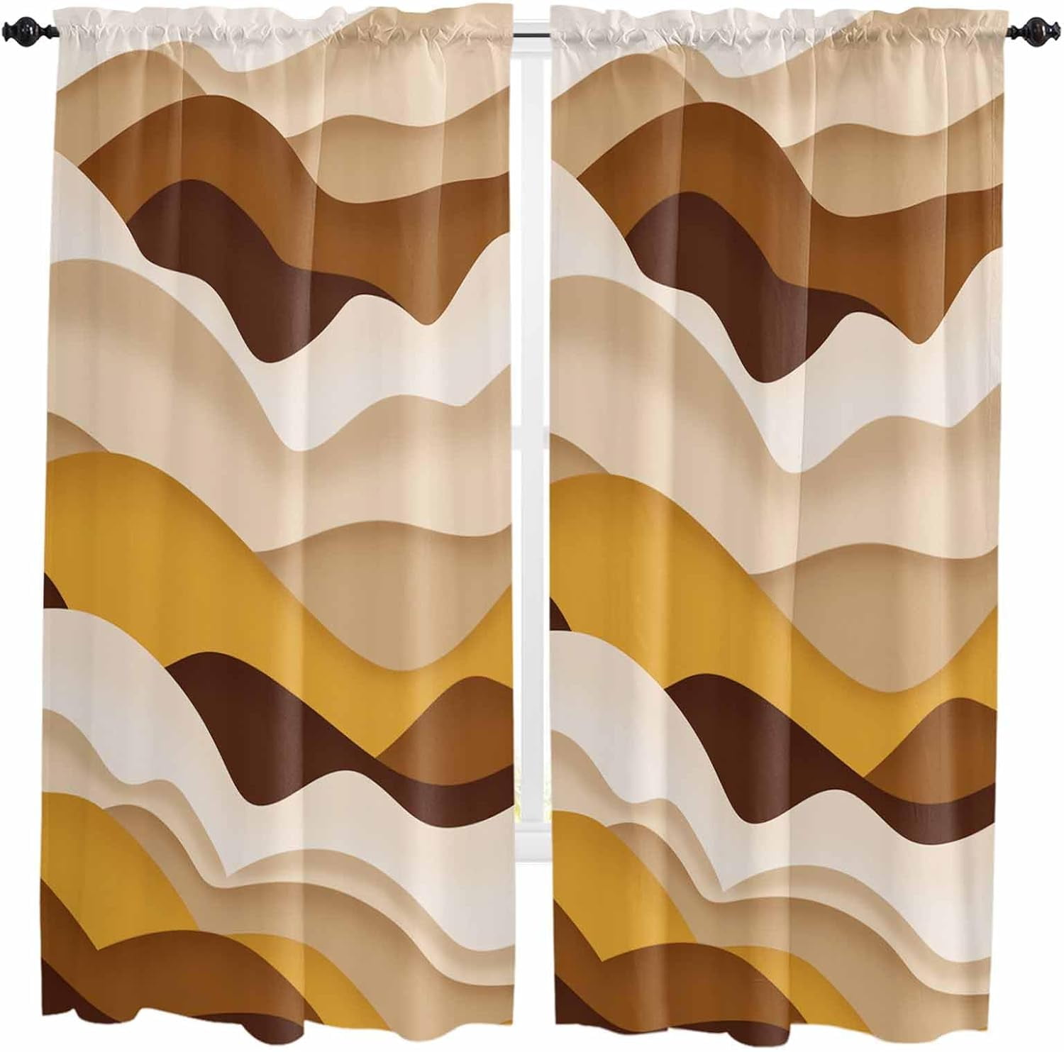 84 Inch Long Tier Curtains for Kitchen, Orange Brown Ombre Abstract Geometric Ocean Waves Bathroom Window Curtains Rod Pocket Short Curtains Window Treatment Tiers for Living Room Farmhouse 2 Panels