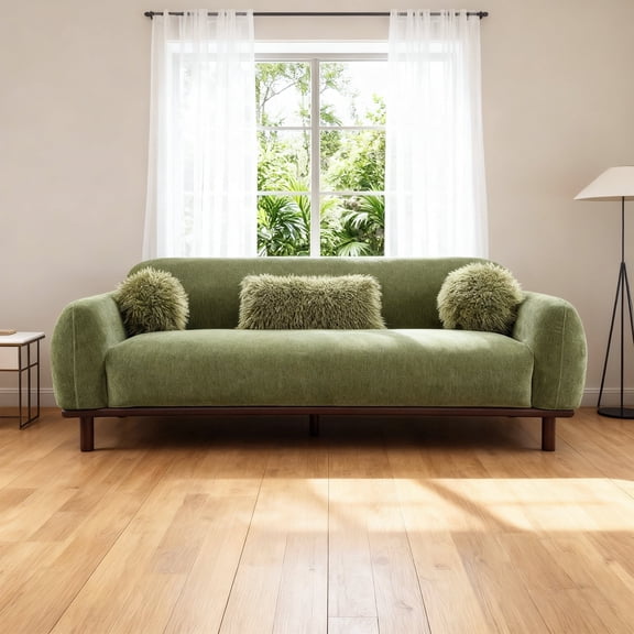 84 Inch Modern Chenille Sofa with Bench Seating, Mid-Century 3-Seater Living Room Couch, Solid Wood Trim & Legs, Includes 3 Decorative Accent Pillows, Green
