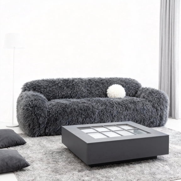 84 Inch Modern Faux Fur Sofa with Ball Pillow, Dark Gray Luxury Shaggy 3-Seater Couch for Living Room