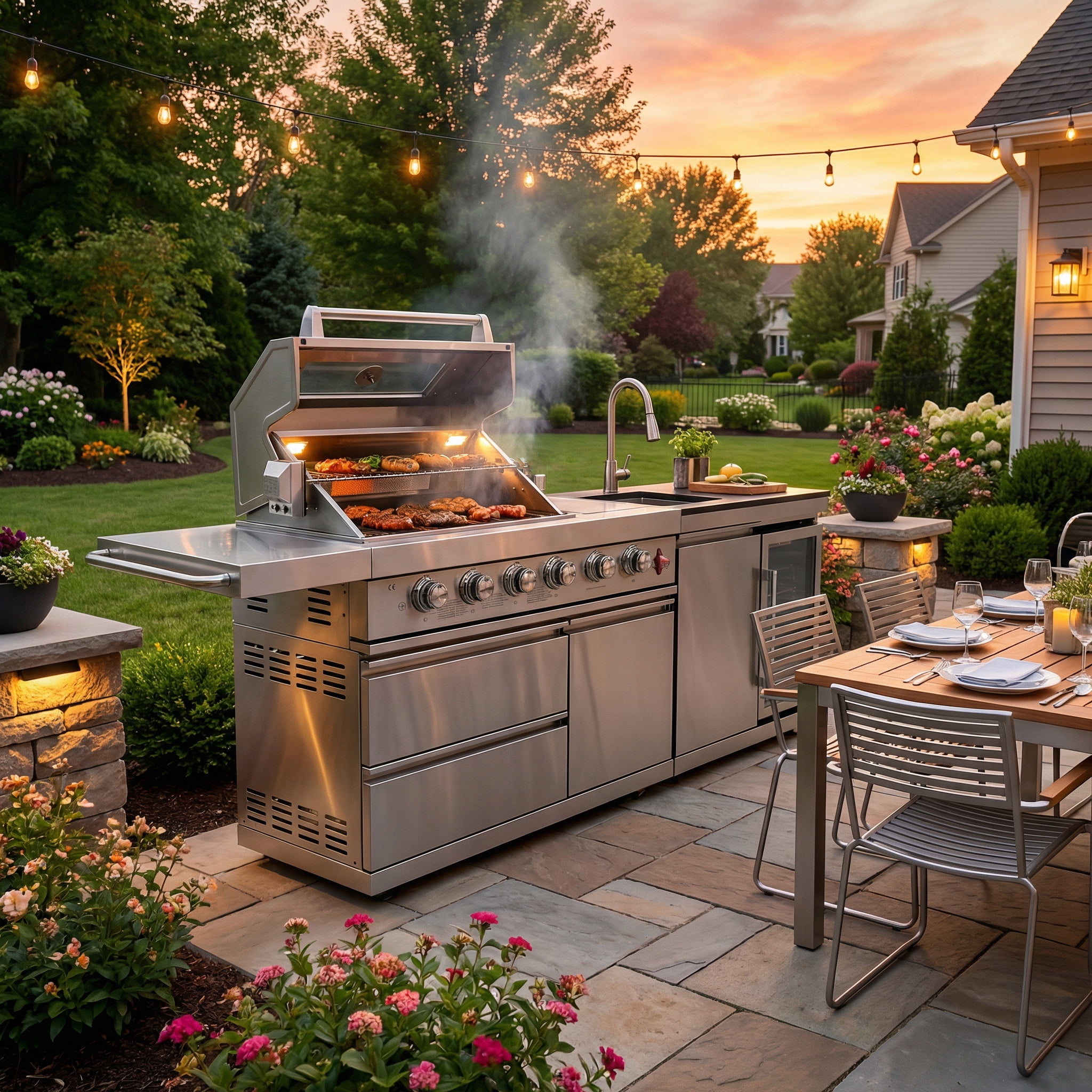 84-Inch Outdoor Kitchen Island Grill,with Sink, Wine Cooler, Refrigerator,6-Burner 75300 BTU for Yard,Garden