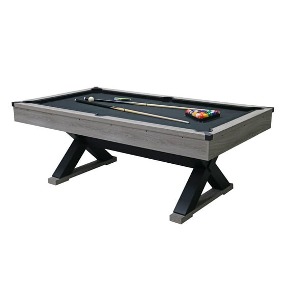 84 Inch Pool Table with Billiard Balls Set, X-Leg Design, Grey MDF Surface, Complete Accessories Included for Home Game Rooms