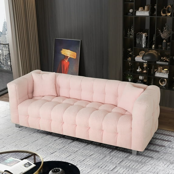 84 Inch Sofa Couch, Modern Teddy Fleece Sleeper Sofa with 2 Throw Pillows & Sturdy Hardware Legs, Upholstered Tufted 3 Seater Couch Furniture for Living Room, Bedroom, Office, Pink