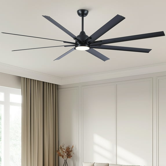 84-Inch Super Large Black Ceiling Fan with 8 Aluminum Blades, Remote Control & Reversible Direction - 6-Speed DC Motor, LED Light & Timer for High Ceilings
